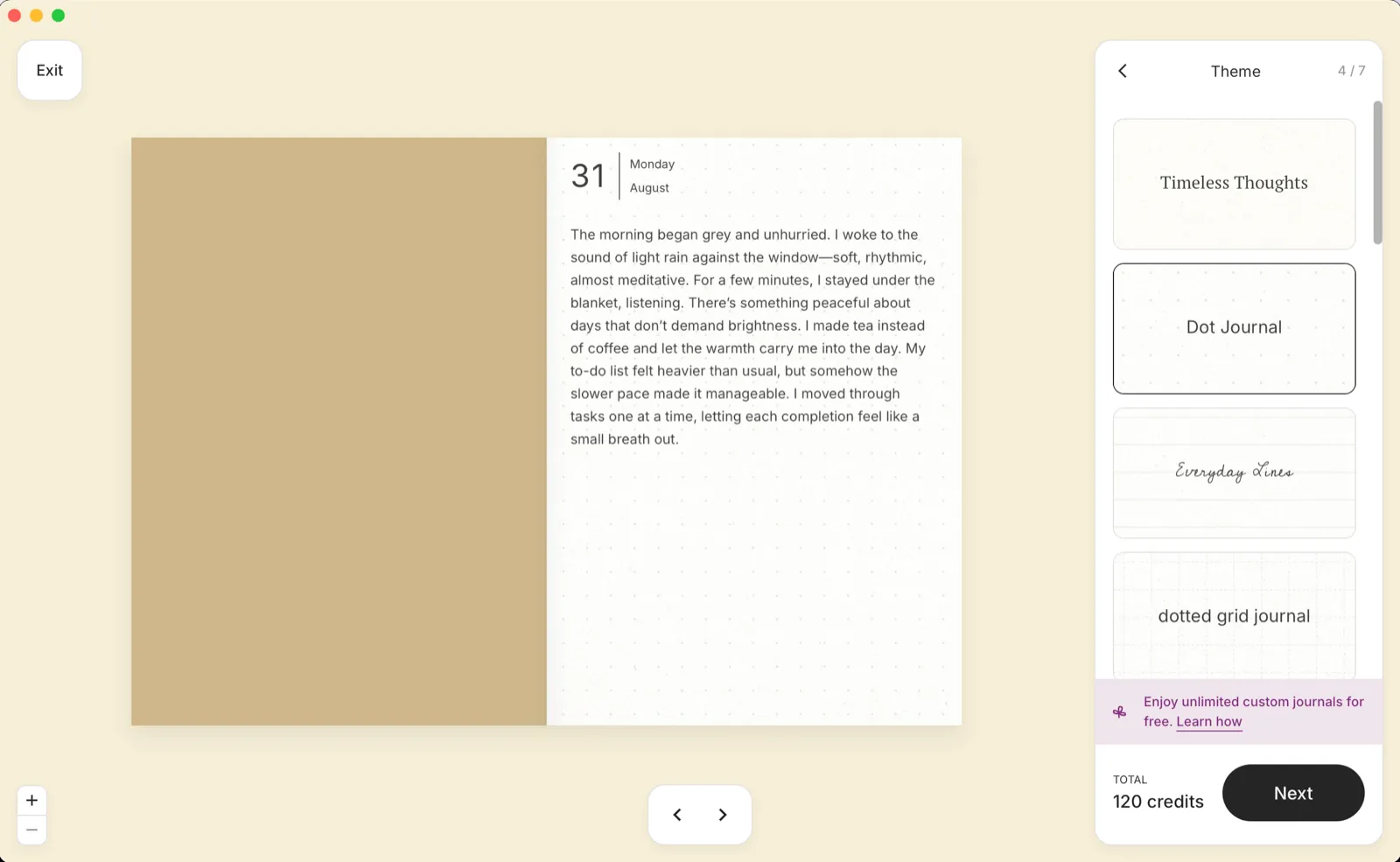 Une page de journal Writeway ouverte à côté du sélecteur de thèmes